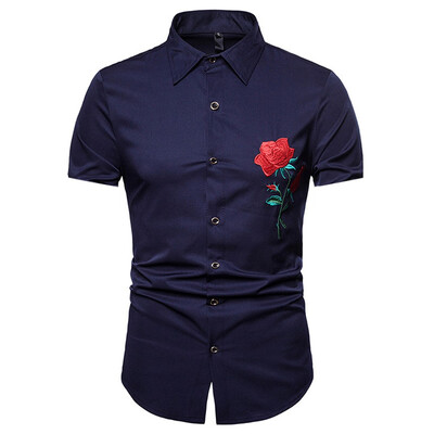 

Tailored Men Hipster Casual Slim Fit Short Sleeve Button Down Shirts Tops with Embroidery
