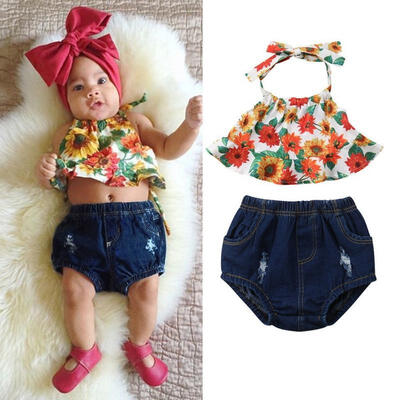 Newborn Toddler Kids Baby Girl Outfit Clothes Tops Dress Denim Shorts Pants