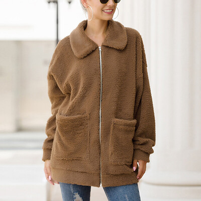 

Womens Thick Autumn Winter Coats Lapel Collar Zipper Fluffy Overcoat Jacket Tops