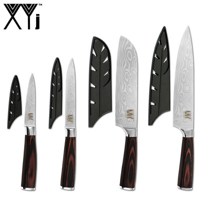 

XYj Cooking Knives 4PCS Set Damascus Pattern Blade Color Wood Handle Meat Fish Kitchen Tools