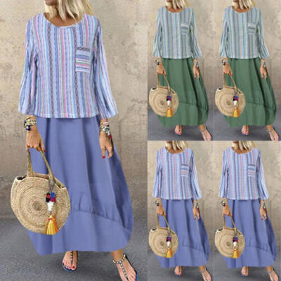 

Women Summer Boho Striped Maxi Dress Evening Cocktail Party Beach Dress Sundress