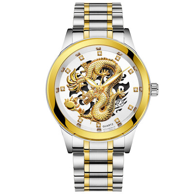 

Gobestart Waterproof Mens Gold Dragon Sculpture Quartz Watch Luxury Men Steel Wristwatch