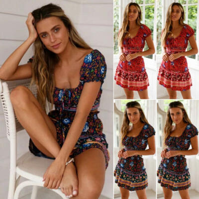

US Women Short Sleeve Wrap Boho Floral Mini Dress Ladies Summer Sundress Holiday