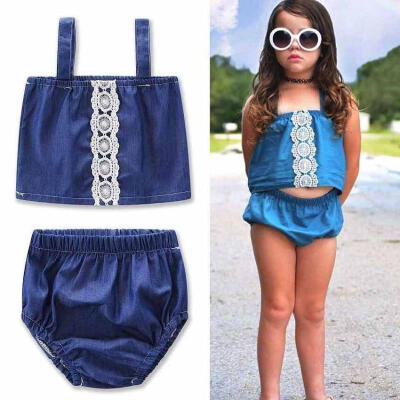 

Lovely 2Pcs Toddler Baby Girls Kids Denim Lace Tank TopsShorts Pants Outfits Set