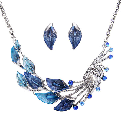 

2019 New Fashion Retro Tibetan Leaf Peacock Crystal Rhinestone Drop Earrings Short Necklace Set