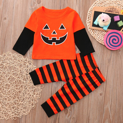 

Toddler Baby Girls Cartoon Tops Print Striped Pants Halloween Clothes Sets
