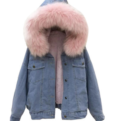 

2019 Winter Thick Jean Jacket Faux Fur Collar Fleece Hooded Denim Coat Female Padded Warm Denim Outwear