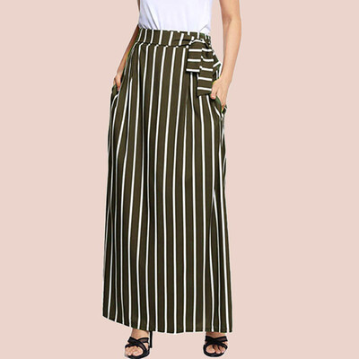 

Roseonmyhand Women Casual Striped Ankle-length Chiffon Empire Lace-Up Vintage Long Skirt
