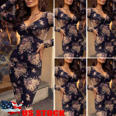 

US Womens Bandage Bodycon Long Sleeve Evening Party Cocktail Club Midi Dress