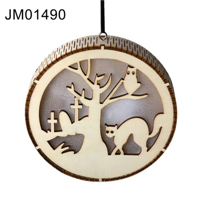 

Wooden Round Haunted Witch Hollow Box LED Night Light Pendant Halloween Decor