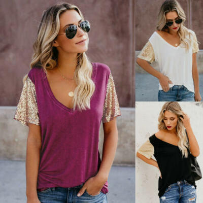 

Womens Summer V Neck Sequin Short Sleeve Loose Tops Casual T Shirt Blouse Tee CA