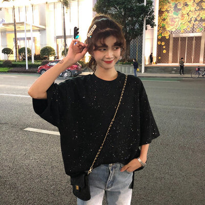 

Sequins Casual Slim T-shirt Women Black White Women Tee Shirts Casual Tops