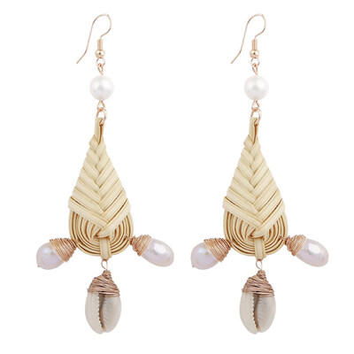 

Lady Teardrop Faux Pearl Cowrie Shell Charm Handwoven Statement Hook Earrings
