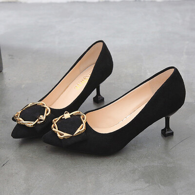 

High-heeled female Korean version of the suede metal square buckle light mouth tip single-shoe womens fine heeled shoes