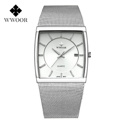 

WWOOR grip love mens watch square ultra-thin mesh with quartz calendar luminous waterproof mens watch