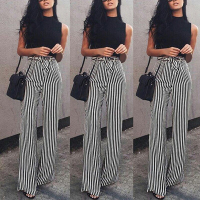 

Women Fashion Pants High Waist Stripe Lady Zipper Long Loose Pants With Lace Up