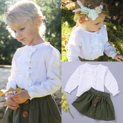 

Autumn Spring Kids Baby Girls White Tops Shirt Army green Skirt Outfits Clothes Set