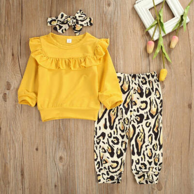 

3PCS Toddler Kids Baby Girls Clothes Ruffle Tops T-shirt Leopard Pants Outfits