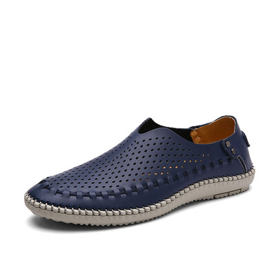 

Men Flat Genuine Leather Slip On Shoes Business Casual Hollow Soft Sole Loafers