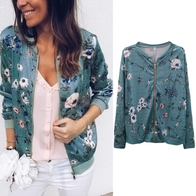 

Fashion Womens Retro Floral Zipper Bomber Jacket Baseball Casual Coat Outwear
