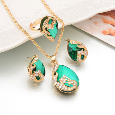 

Crystal Peacock Jewelry Sets Bride Wedding Necklace Earring Ring Set Rhinestone Water Drop Pendant Women Accessories