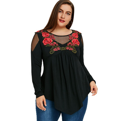 

Plus Size Embroidery Fishnet Insert Babydoll Top