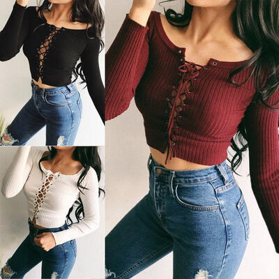 

Women Casual Long Sleeve Shirts Lace-up Plunge V Neck Loose T-Shirt Blouse Tops