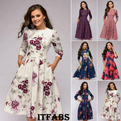 

Women Retro Tunic 34 Long Sleeved Floral Print Bodycon Dresses Vintage Dress