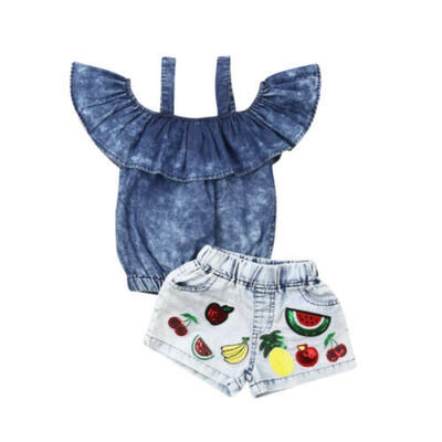 

Infant Kids Baby Girls Off Shoulder Tops 3D Fruit Denim Shorts Jeans Outfits Set
