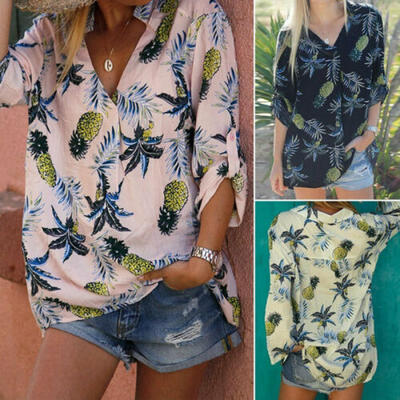 

Womens V-Neck Long Sleeve Pineapple Print Shirt Ladies Casual Loose Blouse Top