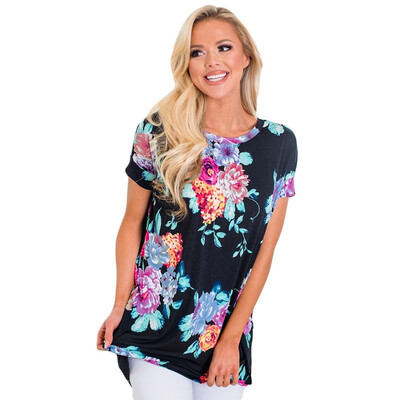 

Round neck short-sleeved floral print short short long casual mid-length loose top