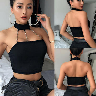 

Women Sexy Metal Chain Tops Blouse Halter Neck Chain Punk Crop Vest Top Shirts
