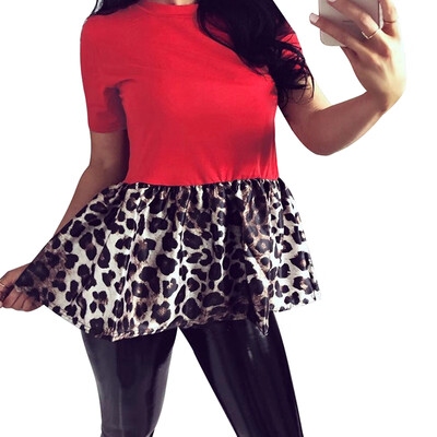 

Female T-shirt Fashion O-neck Casual Plus Size Short-sleeved Solid Color Stitching Leopard Flower Knitted Regular T Shirt