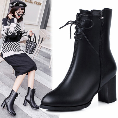 

Rose Fashion Women Pointed Toe Lace Zipper Hoof Heels Black Winter Boots Shoes