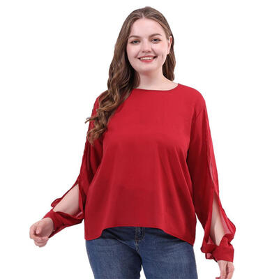 

Plus Size Pure Color Round Neck Tops Women Hollowed Long Sleeve T-shirts