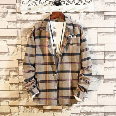 

Toponeto Men Casual Autumn&Winter Plaid Letter Printed Long Sleeve Shirt Loose Blouse