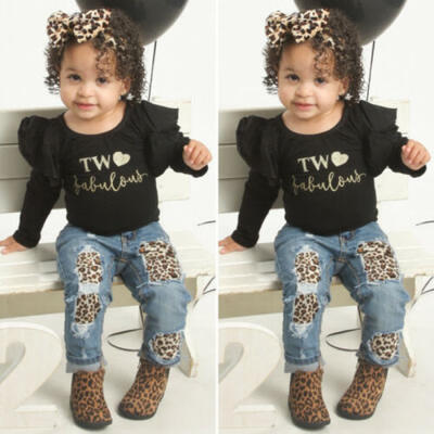 

UK Boutique Kids Baby Girl Ruffle Tops Romper Denim Pants Outfits Winter Clothes