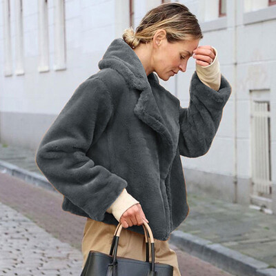 

Women Winter Fluffy Faux Rabbit Fur Coat Warm Solid Color Long Sleeve Short Slim Lapel Outerwear
