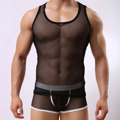 

Party Tops Vest Sleeveless Round Neck Shirt Men Male Thin Hollowed Fishnet Lace