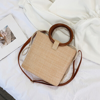 

Tailored Women Beach Straw Bucket Bag Burlap Square Bag Messenger Bag