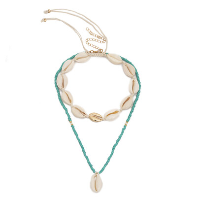 

Fashion Blue Bead Cowrie Shell Choker Necklace for Women Long Chain Pendant Rope Necklace Gold Color Statement Collier Jewelry