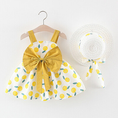 

Infant Baby Girl Sleeveless Orange Print Princess Backless DressHat Cap Outfits