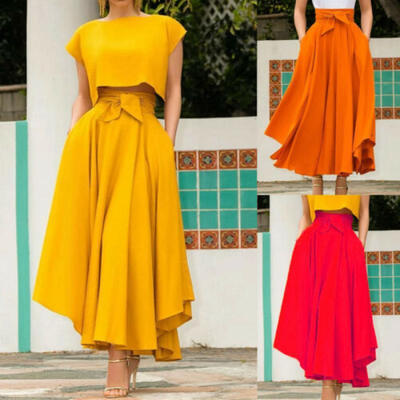 

USA Women High Waist Flared Solid Long Dress Gypsy Maxi Skirt Full Length -2XL