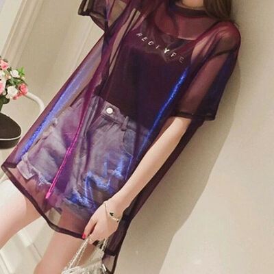 

Women See through Top Sheer Mesh Blouse Long Sleeve Crop Top Glitter T-Shirt