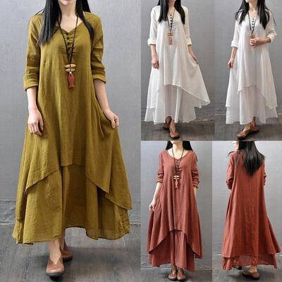 

AU Women Peasant Ethnic Boho Cotton Linen Long Sleeve Gypsy Dresses Maxi Dress