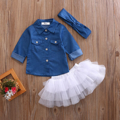 

Kids Baby Girl Denim Long Sleeve Tops ShirtTutu Skirts Dress 3pcs Outfits Set