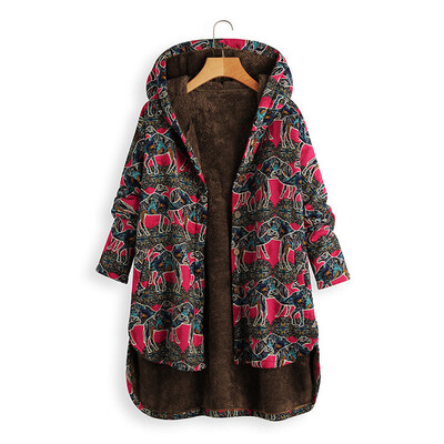 

2019 Ethnic Plus Size Print Fleece Hoodies Thickened Coat Winter Women Outwear