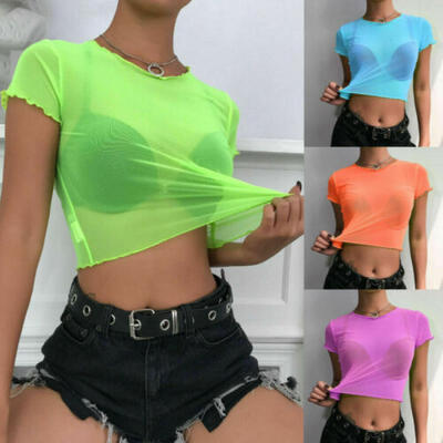 

Women Sheer Mesh Fish Net Short Sleeve Turtle Neck See Crop Top T-Shirt Blouse