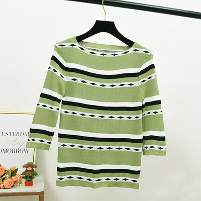 

Womens Sweater 2019 Autumn Stripe Slim Seven Sleeve Pullover Female O-Neck Winter Bottoming Knitwear Korean Knitted Sweaters