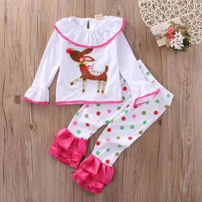 

2pcs Toddler Boys Girls Xmas DeerDot Long Sleeved Nightwear Pyjamas Outfits Set